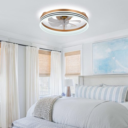 Jenvkoil 20inch Ceiling Fans Lights, Flush Mount Modern Ceiling Fan and Remote Control, 6 Wind Speeds App Control Low Profile Ceiling Fan for Bedroom Living Room 60W (Gold)