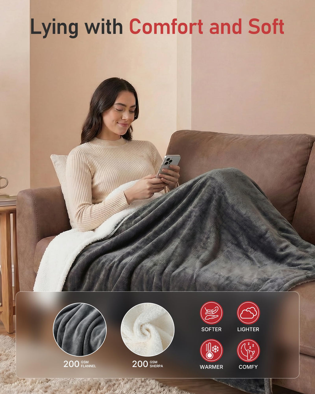 Predoks Heated Blanket, 50”x60” Throw Size Electric Blanket with Auto Shut-Off, Ultra Soft Flannel Fleece Fast Heating Blanket, Overheat Protection, Machine Washable for Home & Bedroom