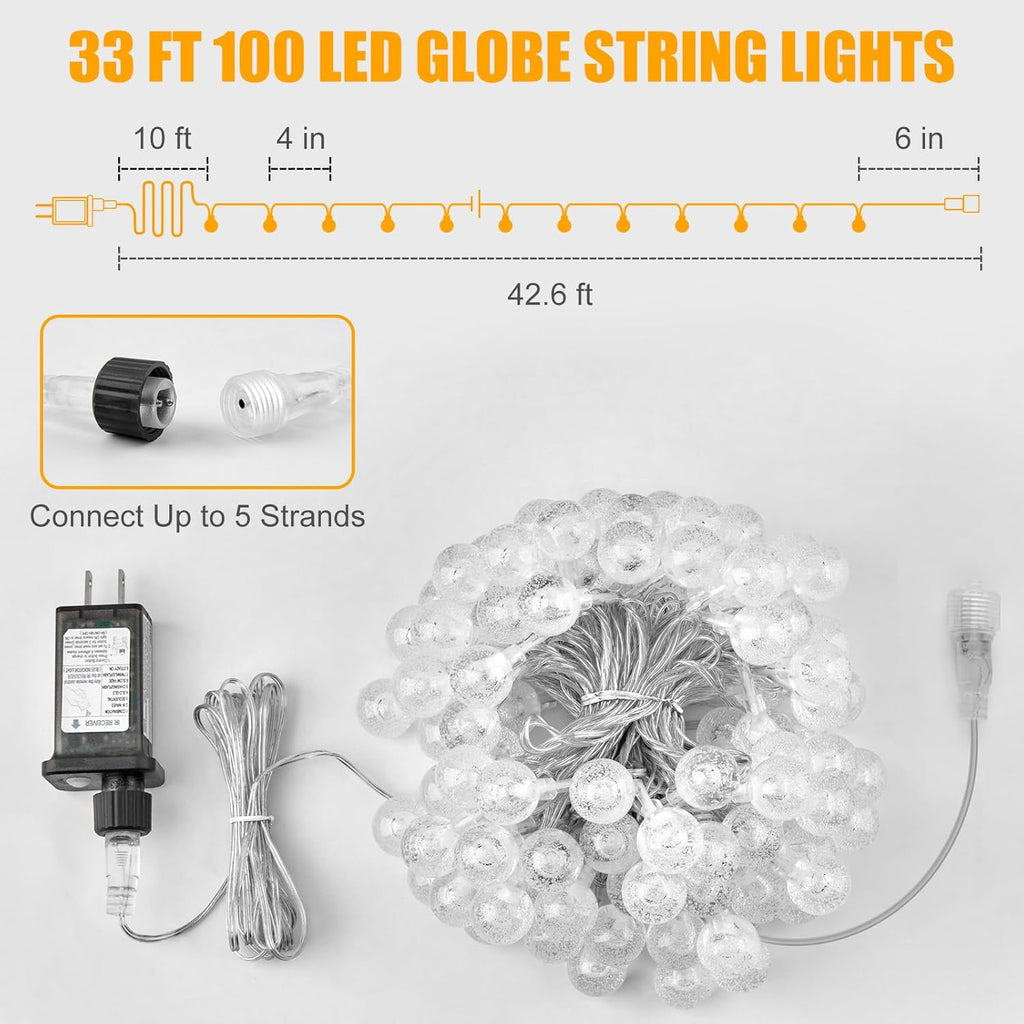 Minetom Globe String Lights - 33 Ft 100 LED Fairy Lights with Remote & 8 Modes | Warm White Decor for Patio, Garden, Wedding