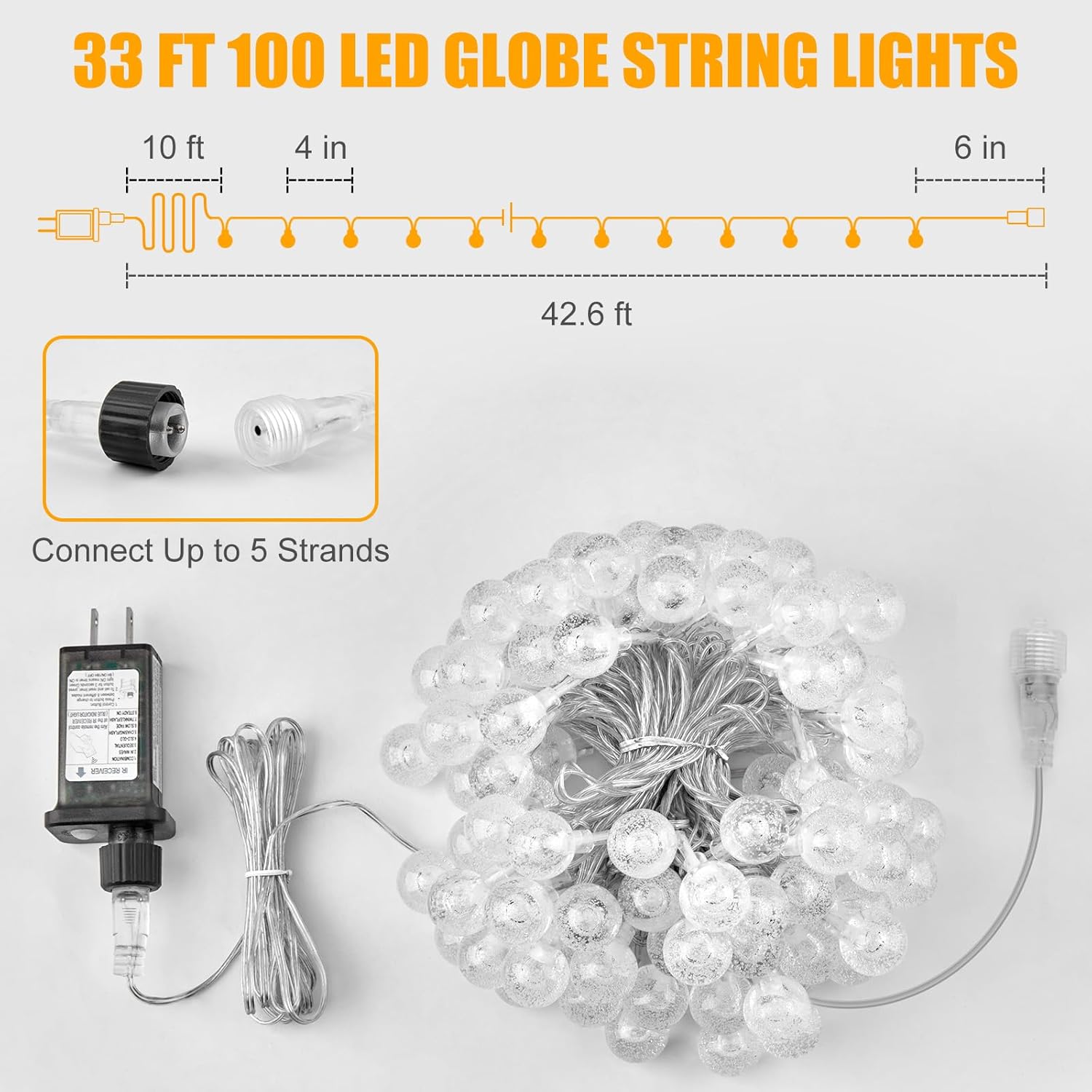 Minetom Globe String Lights - 33 Ft 100 LED Fairy Lights with Remote & 8 Modes | Warm White Decor for Patio, Garden, Wedding