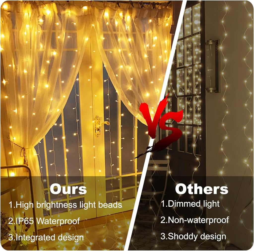 Skiennix 300 LED Curtain Lights - Plug-In Fairy Lights with 8 Modes for Indoor/Outdoor Decor | Warm White