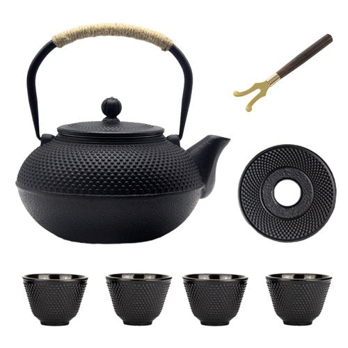 Big Cast Iron Teapot, Japanese Tetsubin Tea Kettle for Stovetop Safe, Cast Iron Teapot with Stainless Steel Infuser for Loose Tea and a Fully Enameled Interior (1500ml Tea Set with Cups)