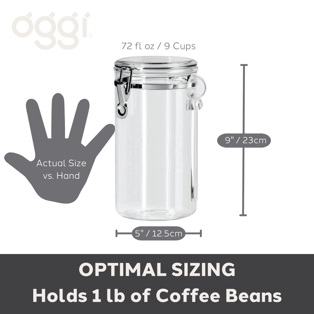 Oggi Clear Canister Airtight 72oz - Clamp Lid & Spoon - Airtight Food Storage Container, for Kitchen & Pantry Storage of Bulk, Dry Foods, Pasta, Flour, Sugar, Coffee, Rice, Tea, Spices & Herbs