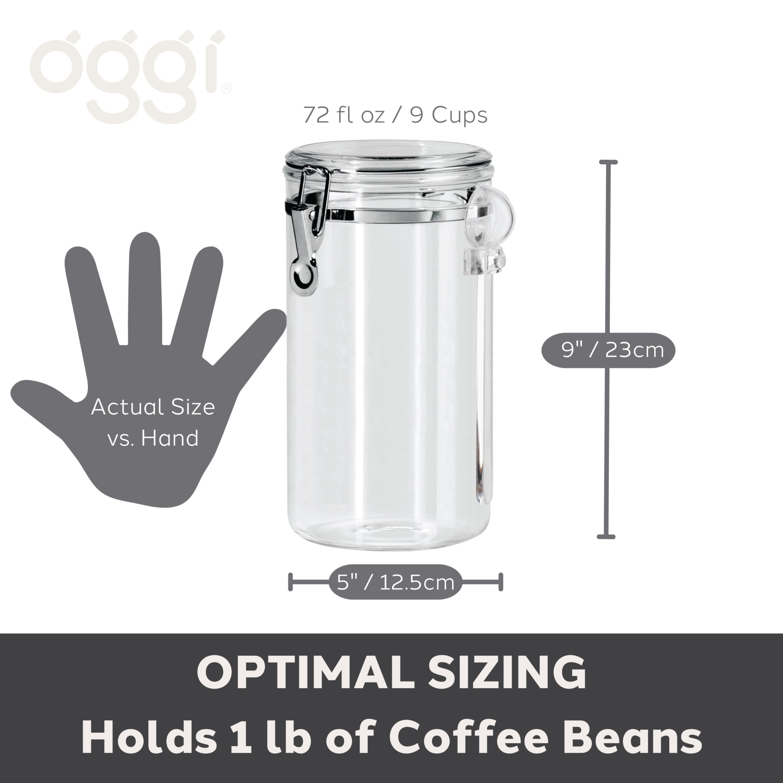 Oggi Clear Canister Airtight 72oz - Clamp Lid & Spoon - Airtight Food Storage Container, for Kitchen & Pantry Storage of Bulk, Dry Foods, Pasta, Flour, Sugar, Coffee, Rice, Tea, Spices & Herbs