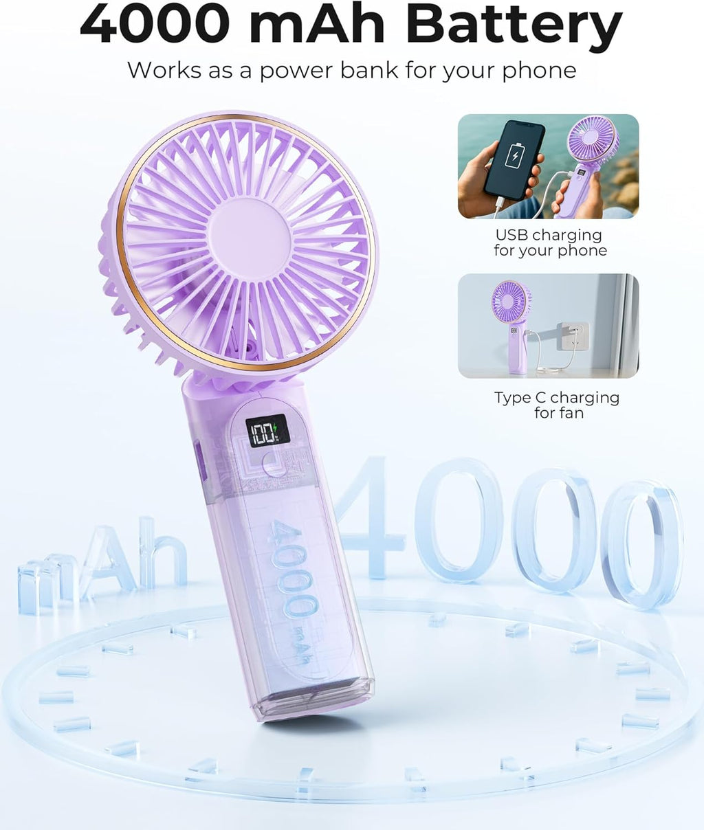 TUNISE Portable Handheld Fan - 4000mAh Battery, 6-Speed Adjustable Wind, USB Rechargeable, Foldable Design