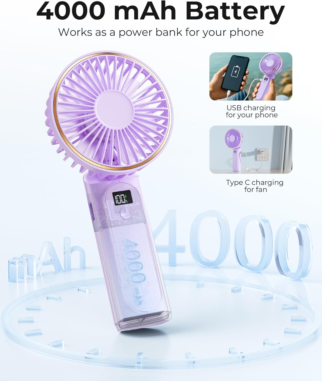 TUNISE Portable Handheld Fan - 4000mAh Battery, 6-Speed Adjustable Wind, USB Rechargeable, Foldable Design