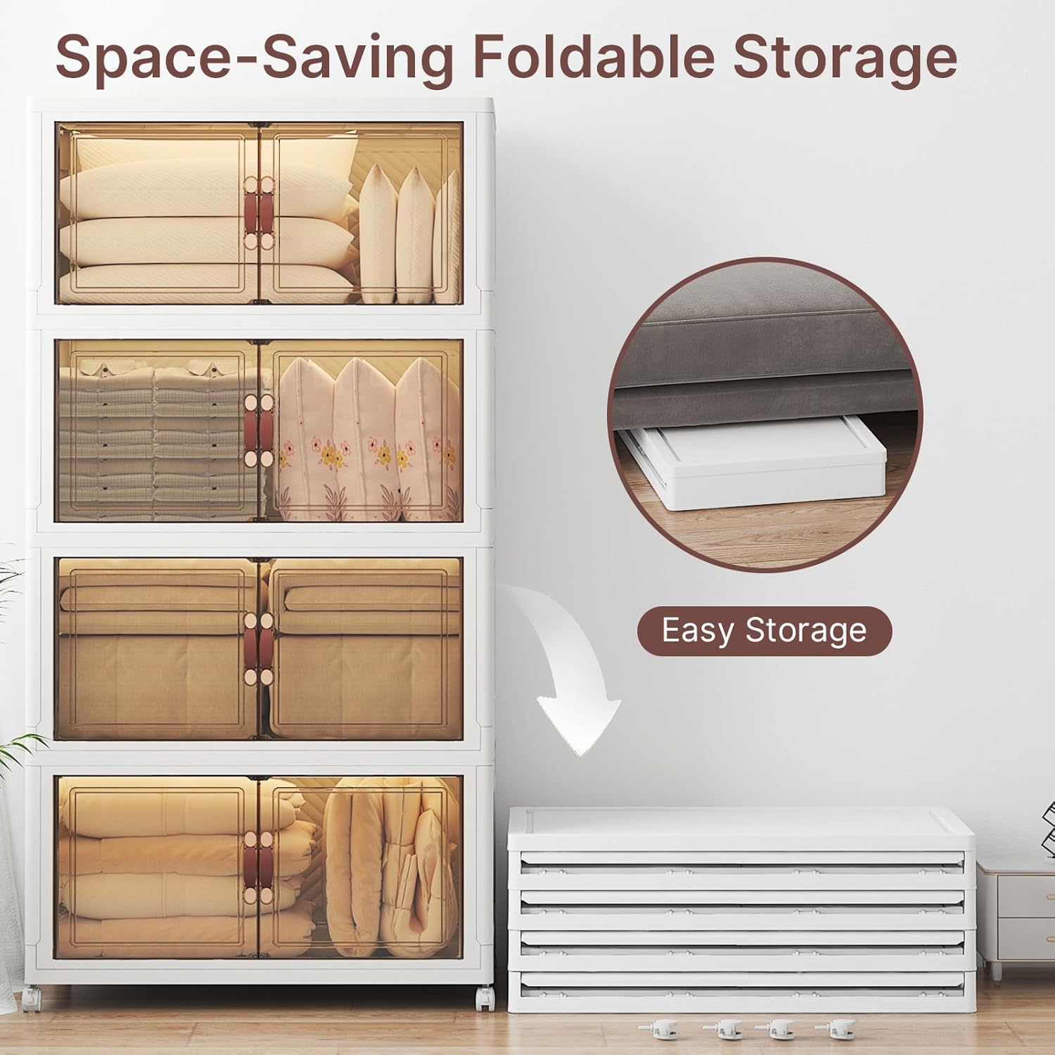 UAMFURI Stackable Storage Bins - Extra Large 720QT Closet Organizers with Lids & Wheels | Collapsible Plastic Drawers for Home & Office