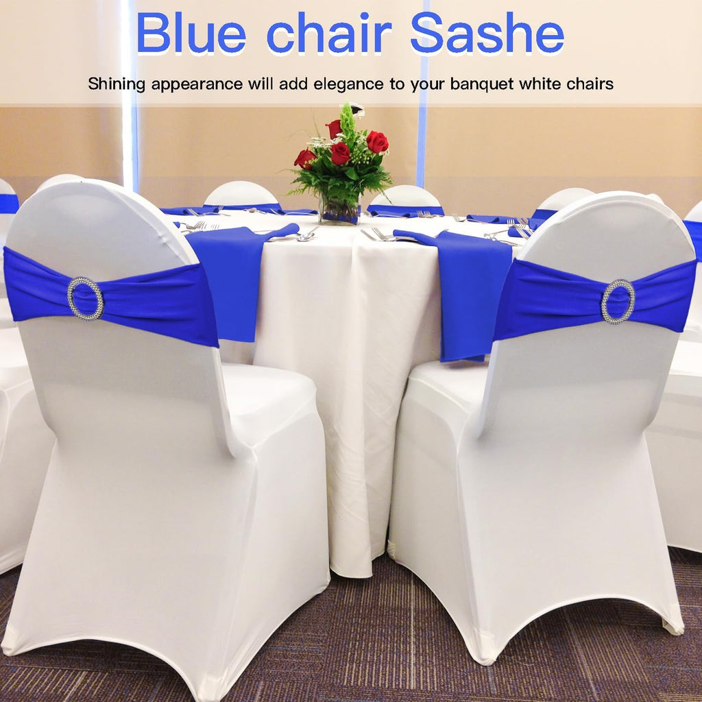WJWHQ Spandex Stretch Chair Sashes - 100PCS Elastic Covers with Buckle Slider for Weddings & Events | Royal Blue
