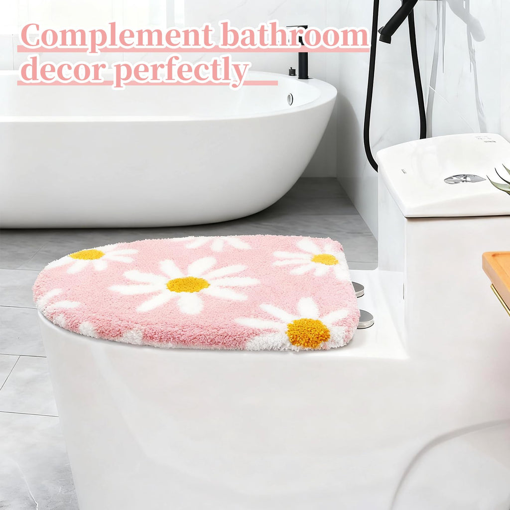 Pink Flower Bathroom Toilet lid, Cute Daisy Toilet lid Cover, Machine Washable, Beautiful and Soft Bathroom Decoration Suitable for Most Round, Oval and Long Toilet Seats (Pink)
