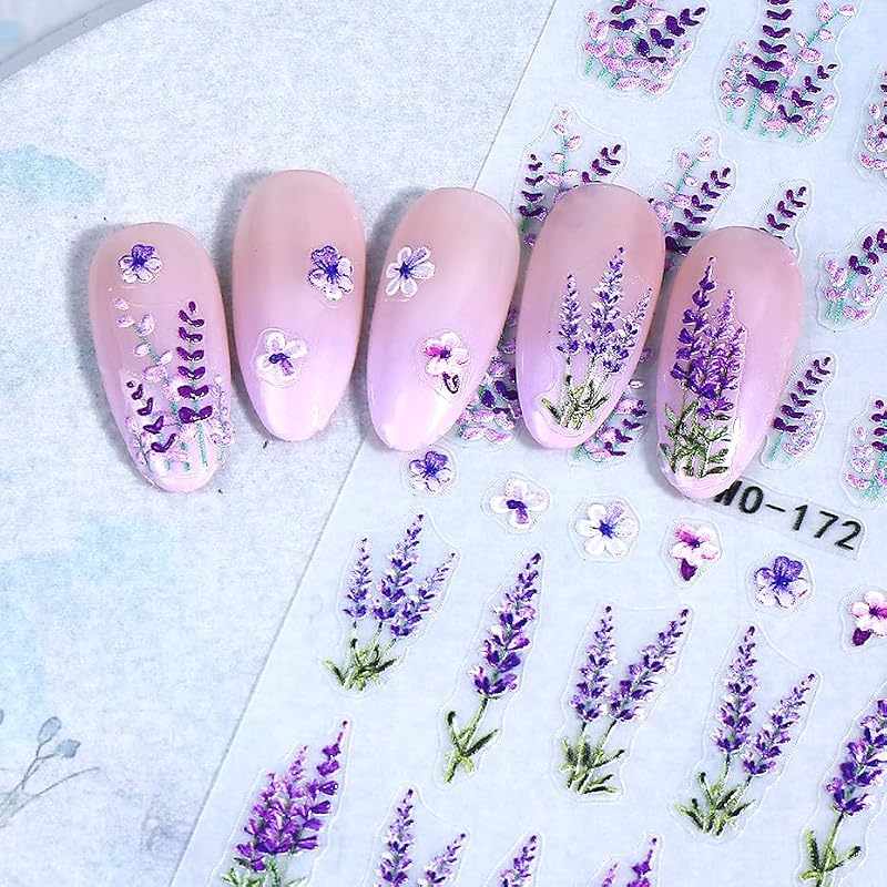 Guroenky 5D Embossed Lavender Nail Art Stickers Self-Adhesive Floral Decals