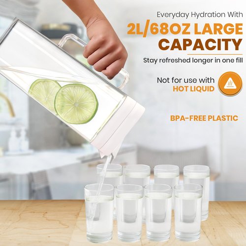 SlimFit 2 Quart (2 Liter) pitcher with lid - Water jug for fridge door - Leakproof 64oz plastic pitcher with lid - Drink Container for Juice, Iced Tea, Coffee, BPA-Free Plastic, White