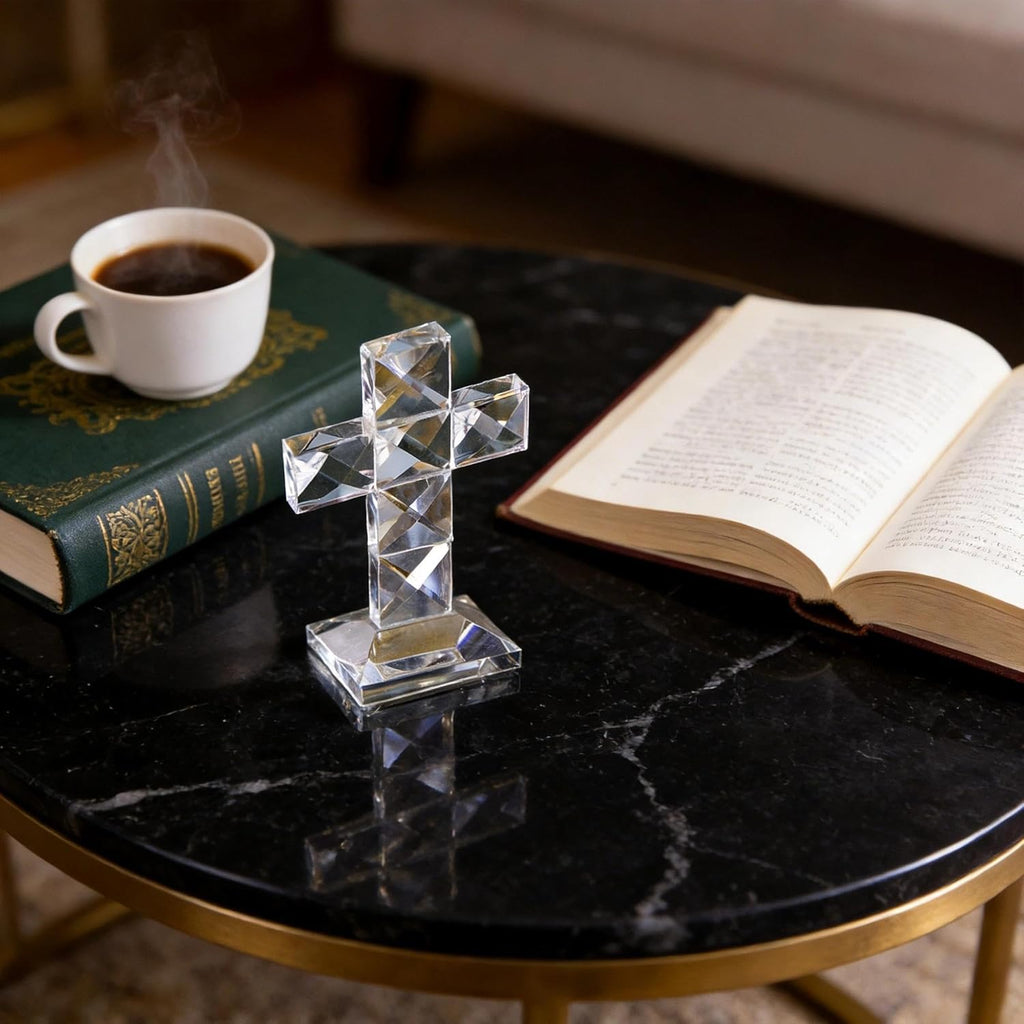 QFkris Crystal Standing Cross | Clear 5'' Tall Glass Figurine - Elegant Christian Tabletop Decor