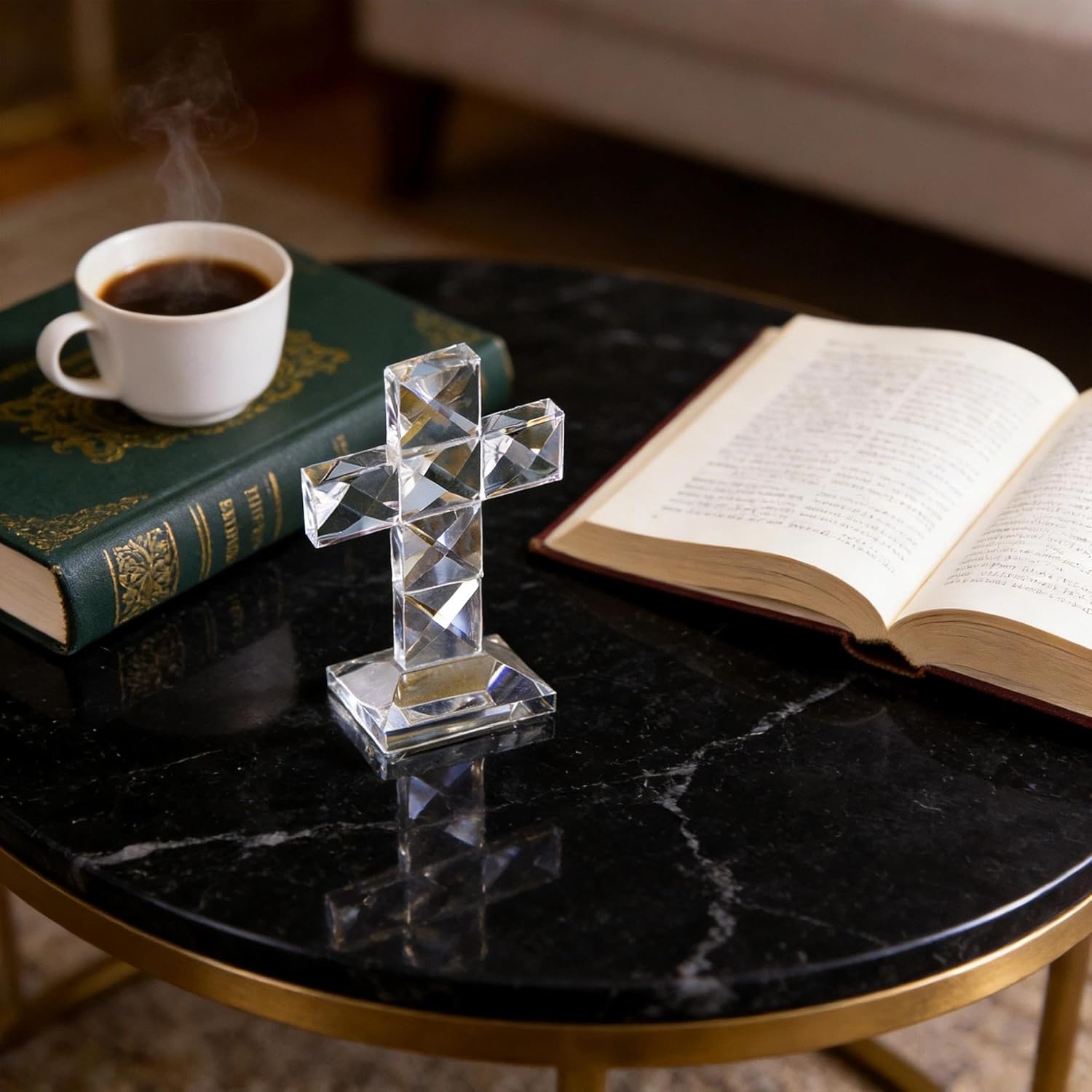 QFkris Crystal Standing Cross | Clear 5'' Tall Glass Figurine - Elegant Christian Tabletop Decor