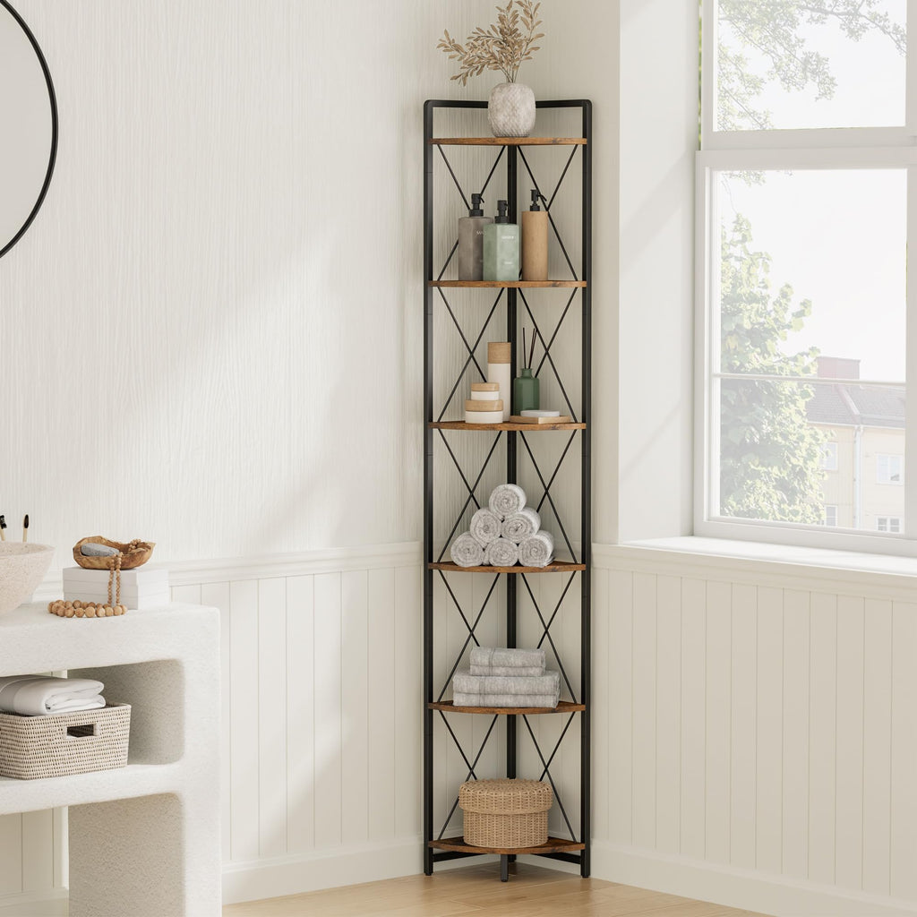 Cerlyunzan 6 Tier Corner Shelf Stand, 78" H Tall Industrial Corner Bookshelf for Living Room Decor, Metal Corner Shelf, Plant Stand Display Shelf for Bedroom, Bathroom, Small Space, Rustic Brown