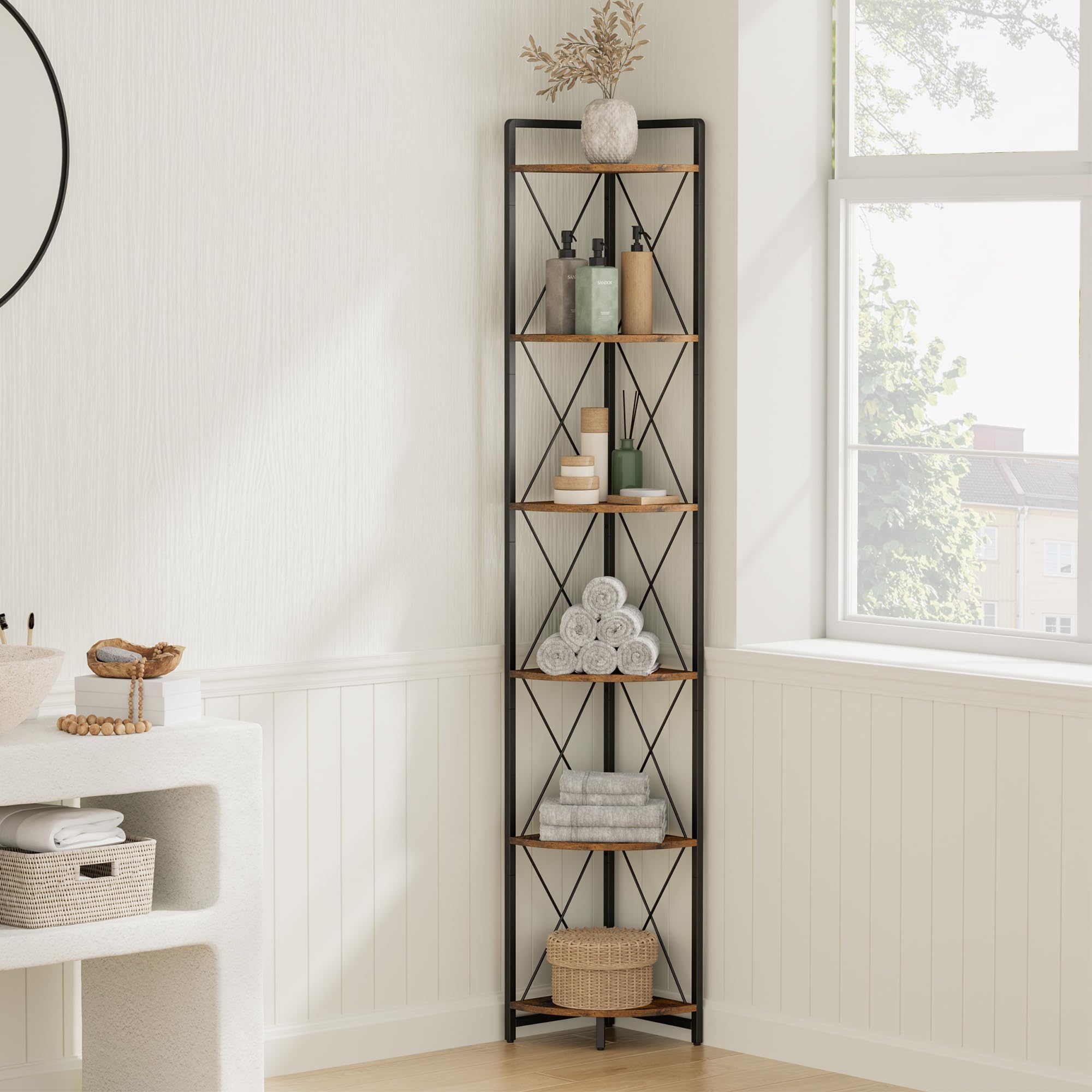 Cerlyunzan 6 Tier Corner Shelf Stand, 78" H Tall Industrial Corner Bookshelf for Living Room Decor, Metal Corner Shelf, Plant Stand Display Shelf for Bedroom, Bathroom, Small Space, Rustic Brown