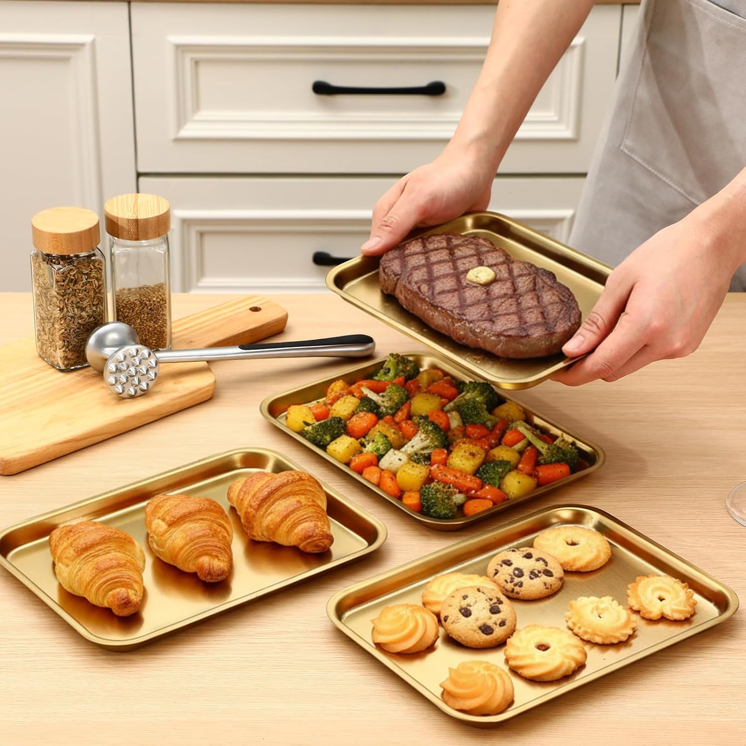 Skiennix Gold Baking Sheets - 6 Pcs Stainless Steel Cookie Tray | Rust-Free, Easy Clean, Dishwasher Safe, 7.5 x 5.5 Inch