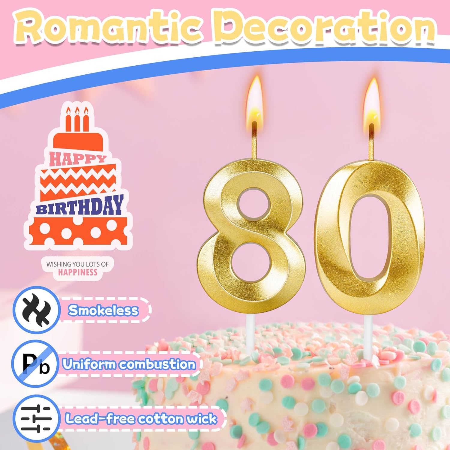 Regine Switzerland 80th Birthday Candles - Gold Number Cake Toppers for Celebrations