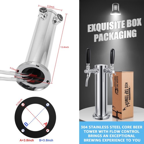 Imaictuu New Adjustable Flow Control Kegerator Tower, Upgraded Dual Tap Beer Tower Kegerator Parts 304 Stainless Steel Core Beer Faucet Includes Pre-Assembled Hose and Self-Closing Faucet