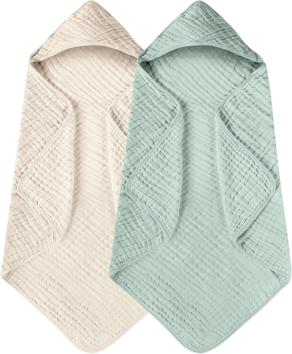 Yoofoss Hooded Baby Towels - 100% Muslin Organic Cotton Bath Towels for Newborns | 2-Pack, Soft & Absorbent, 32x32 Inch, Apricot & Green