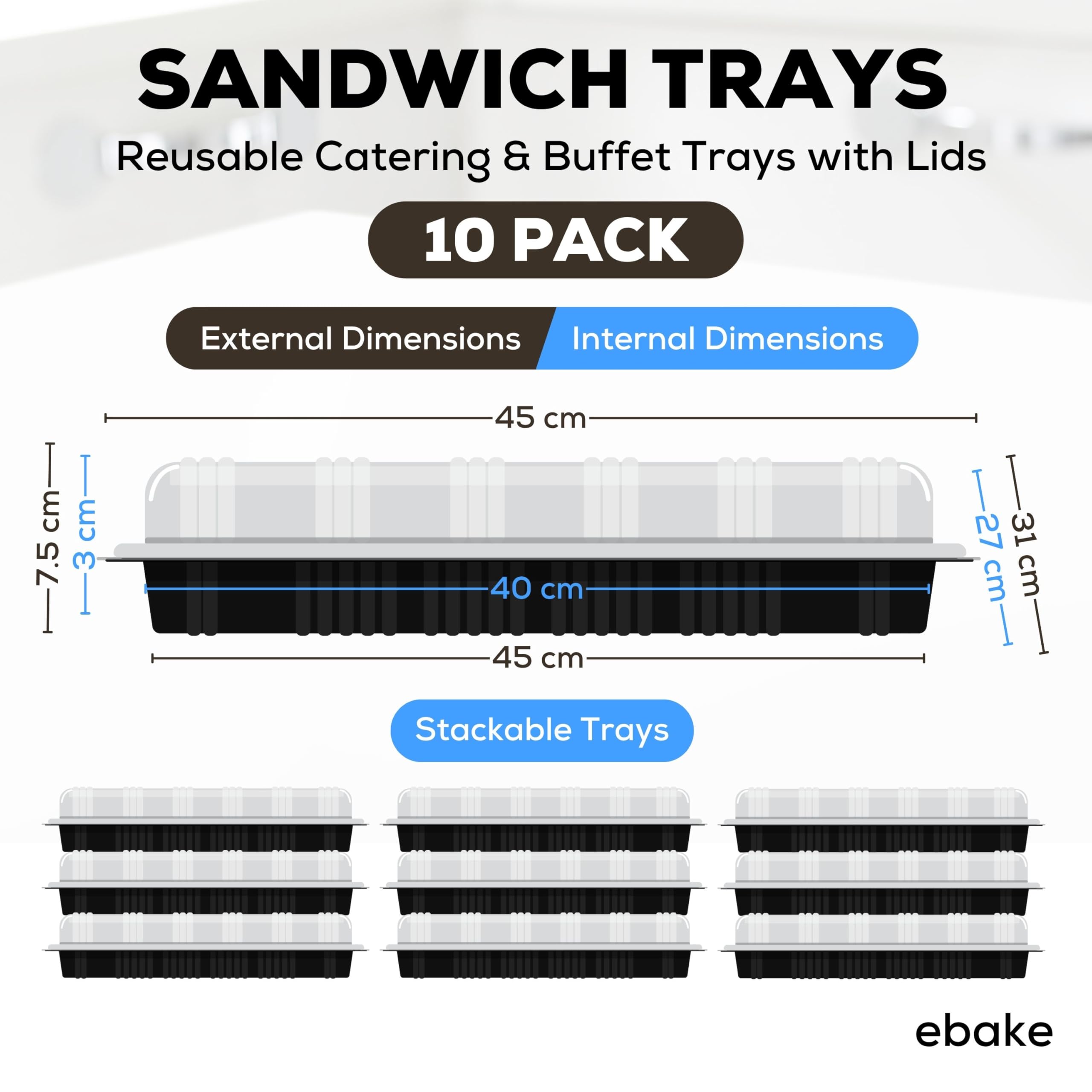 10 Pack Catering Trays with Lids – 17" Serving Tray with Lid, Heavy Duty Recyclable Plastic Party Platters for Catering, Buffet, Picnics & Events – Food Tray with Clear Lid (17.72 x 12.20 x 2.95 inch)