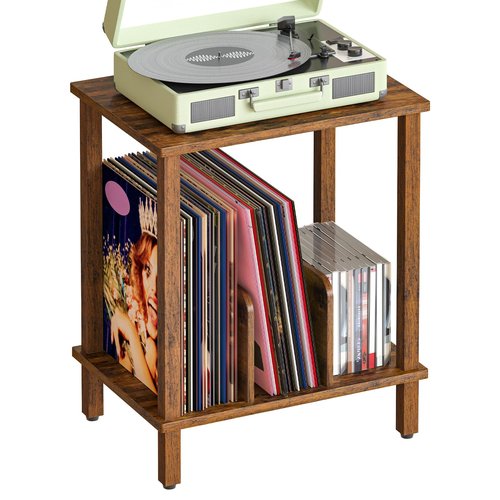 HOOBRO Small End Table, 2-Tier Record Player Stand Vinyl Record Turntable Stand with Storage up to 100 Albums, Small Side Table for Living Room, Bedroom Rustic Brown, FG05RS01
