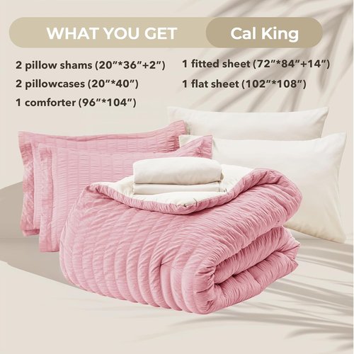 HYMOKEGE California King Comforter Set - Luxurious 7-Piece Seersucker Bedding in Pink/Ivory