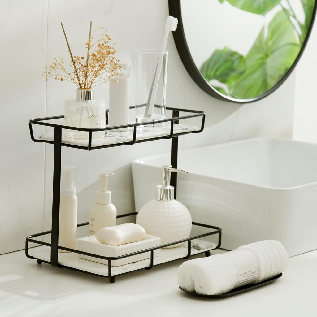 Skiennix Bathroom Organizer - 2-Tier Perfume & Makeup Storage Rack | Stainless Steel & White Marble