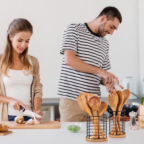 hunnycook 2-Piece Utensil Holders - 5.1*5.1*5.8 and 3.7*3.7*5.8 inches Kitchen Utensil Holders, Metal Black Crocks with Wooden Base, Easy to Drain