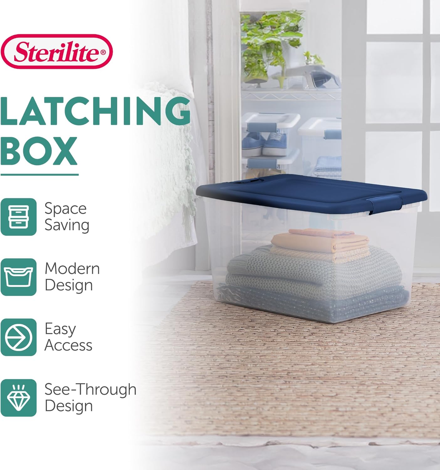 Sterilite Large Clear Plastic Storage Bins - 6-Pack 64 Quart Stackable Organizing Boxes in Blue