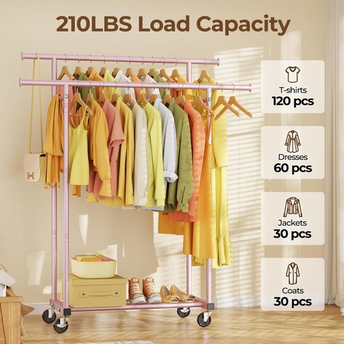 HYSEYY Clothes Rack - Sturdy Double Rod Portable Garment Rack for Bedroom & Laundry | Pink