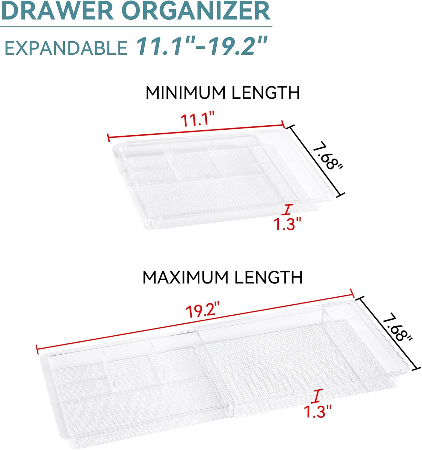 Oubonun Expandable Drawer Organizer - Shallow Cosmetic Storage Trays | 11.1” to 19.2” Width, 4 Packs, Clear