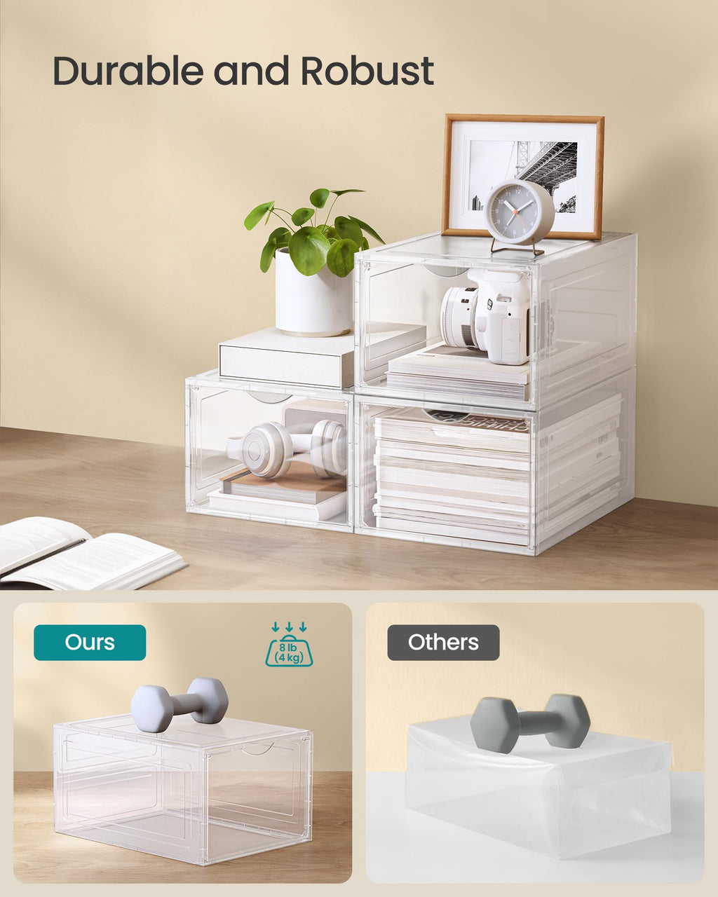 SONGMICS Shoe Boxes, Set of 6, Clear Plastic Shoe Storage, Stackable Sneaker Box, Drop Front Door, Up to US Size 11, Easy Assembly, 13 x 9.8 x 7.1 Inches, Transparent White ULSP032W06