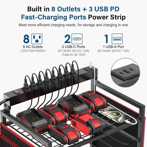 JUNNUJ Power Tool Organizer Cart - Heavy Duty Rolling Storage with 8 Outlets & 3 USB Ports | Large Capacity