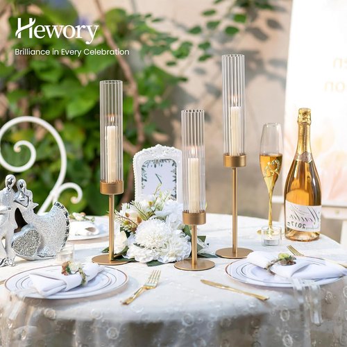 Hewory Gold Hurricane Candle Holders - Set of 3 Tall Brass Taper Holders for Elegant Table Decor