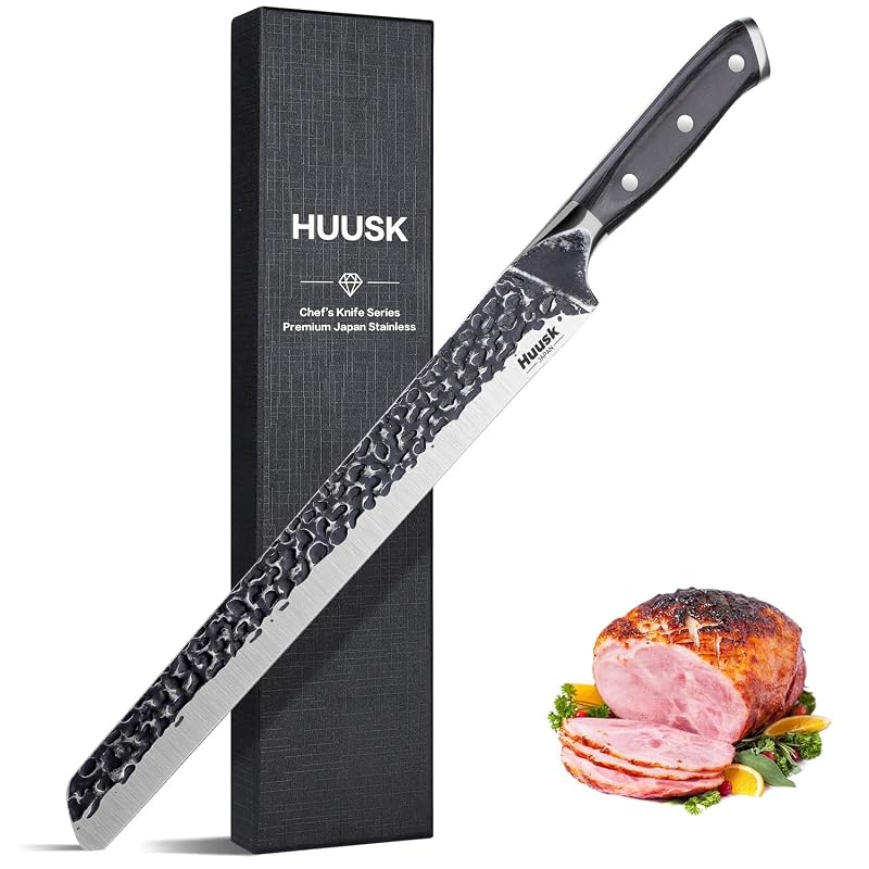Huusk Japan 11.5 Inch Hand Forged Carving Knife — Black Handle, 58-60 HRC Brisket, Meat Slicing