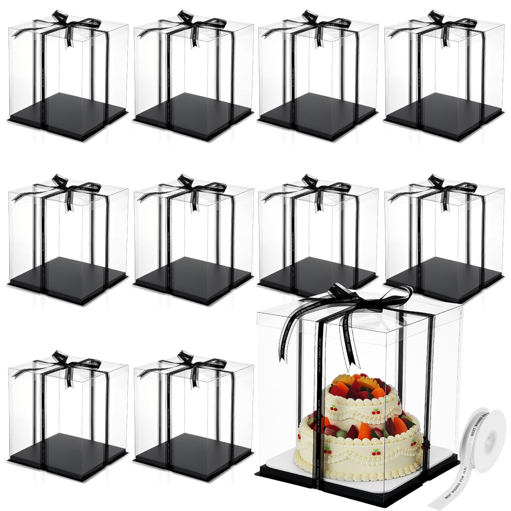 Maxdot 10 Pcs Transparent Tall Cake Boxes 12" x 12" x 14" Large Clear Cake Box with Ribbon Cake Carrier PET Wedding Cake Storage Container Clear Gift Boxes for Party Birthday Dessert Display (Black)