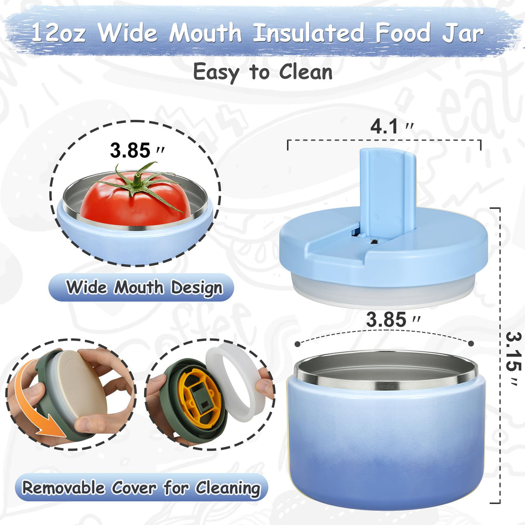 Pawtong 12oz Insulated Vacuum Food Jar with Buckle Lid Wide Mouth Soup Thermo for Hot Food Kids Leakproof Stainless Steel Lunch Container (Gradient Blue, 12OZ)