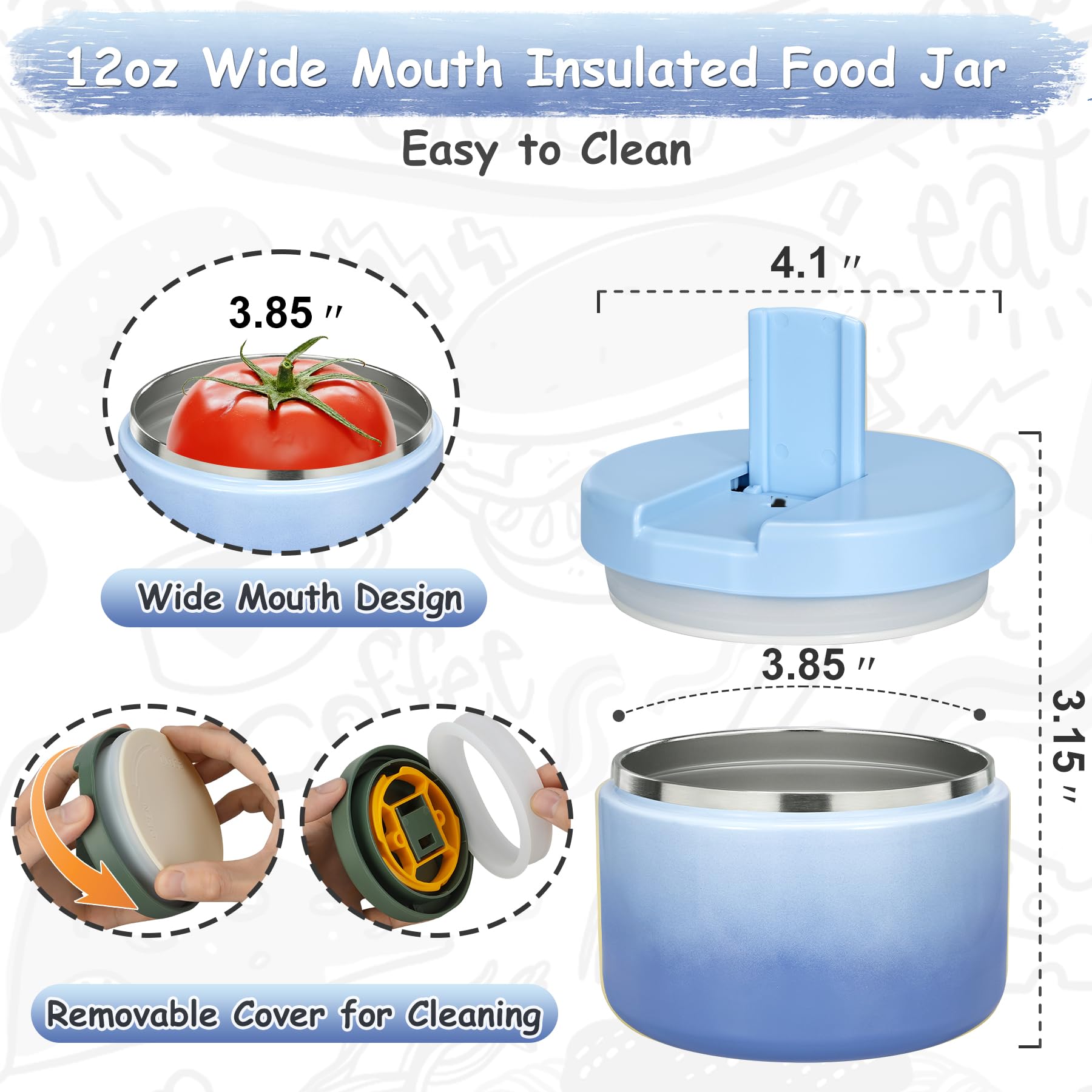 Pawtong 12oz Insulated Vacuum Food Jar with Buckle Lid Wide Mouth Soup Thermo for Hot Food Kids Leakproof Stainless Steel Lunch Container (Gradient Blue, 12OZ)