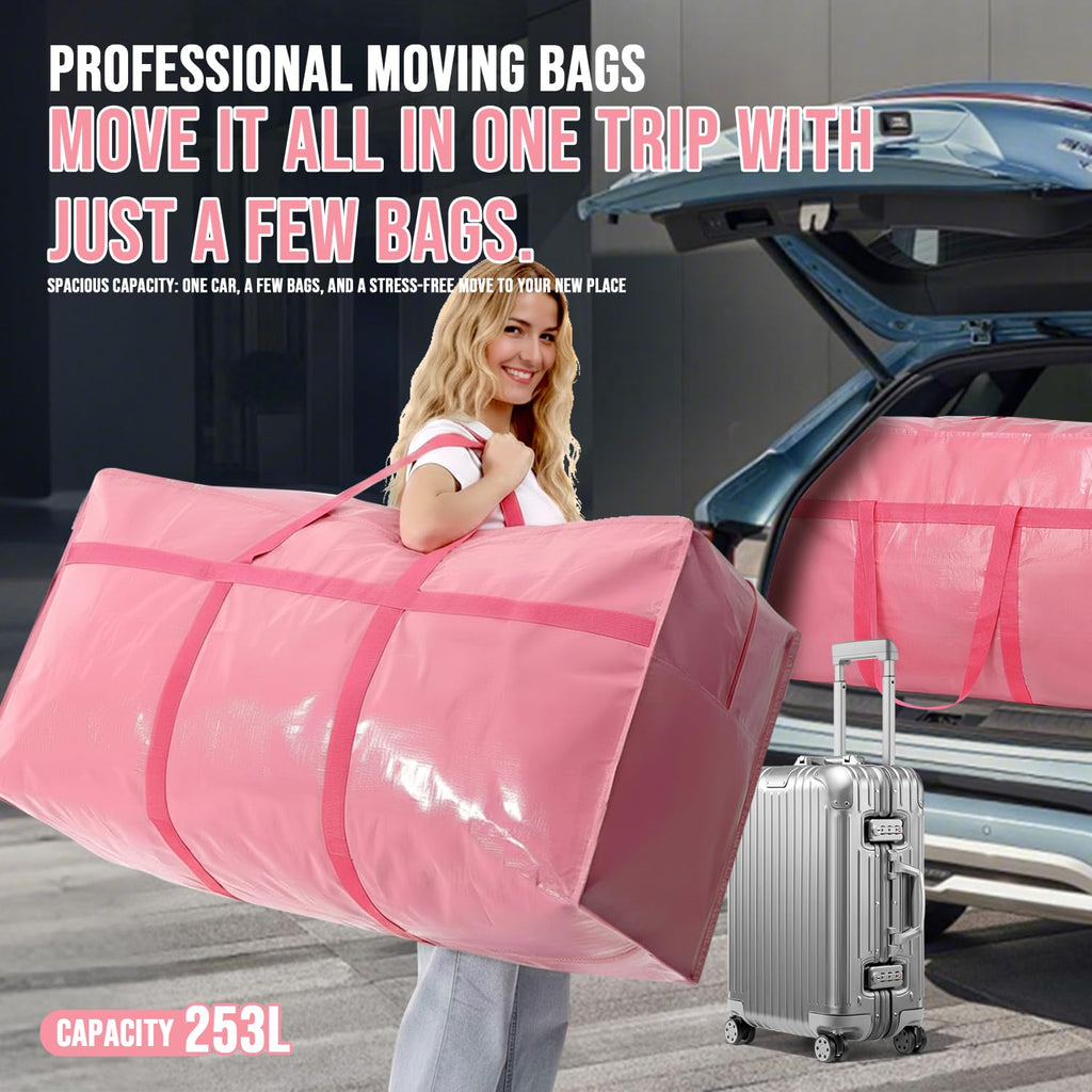 Extra Large Moving Bags Heavy Duty 2 Pack – Bubblegum Pink, 45x21x15 Inches Storage Bags for Moving, Packing, Traveling, and Organizing