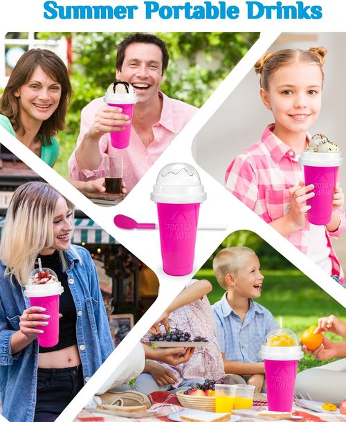 DIY Magic Slushy Maker Cup - Portable Slushy Cup for Juices & Ice Cream | Double-Layer Silica with Lid & Straw (Pink)