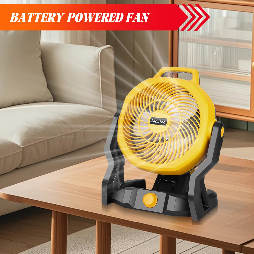 Moutec Battery Powered Fan, Cordless Jobsite Fan Compatible with DeWalt 20V & AC (adapter included). 650 CFM variable speed — for workshop, outdoor, camping. (Battery Not Included)