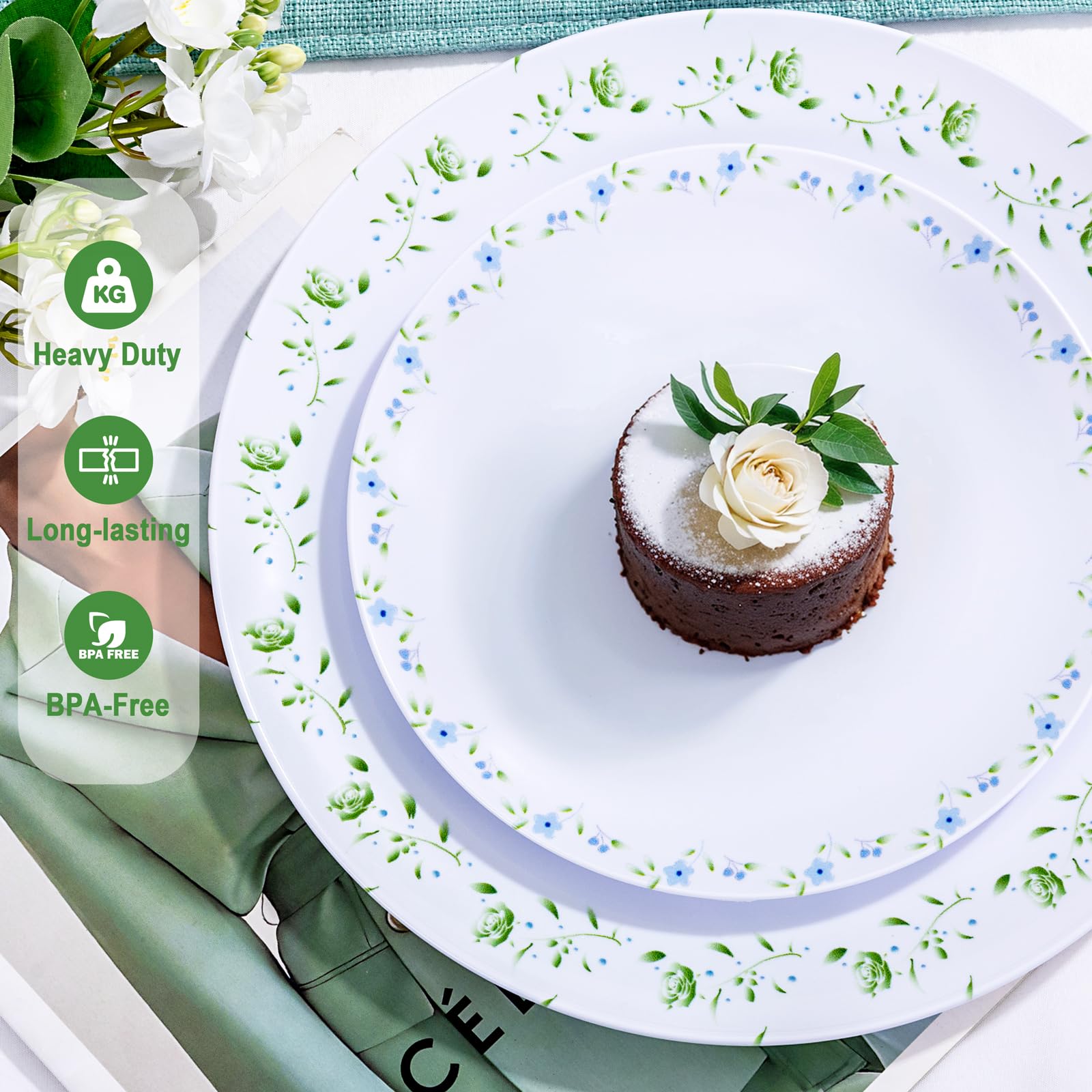YOUBET 60PCS Floral Plastic Plates - Disposable Decorative Plates Set for 30 Guests - Blue and Green Floral Plate - Spring Plastic Dishes Dinnerware Sets for Tea Party & Wedding & Bridal Shower