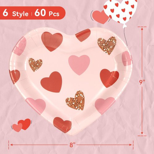 Jollyzaar Valentine's Day Paper Plates Set 60 Count, Heart Shaped 9'' Disposable Plates, Valentines Party Galentine's Day Table Decorations Supplies