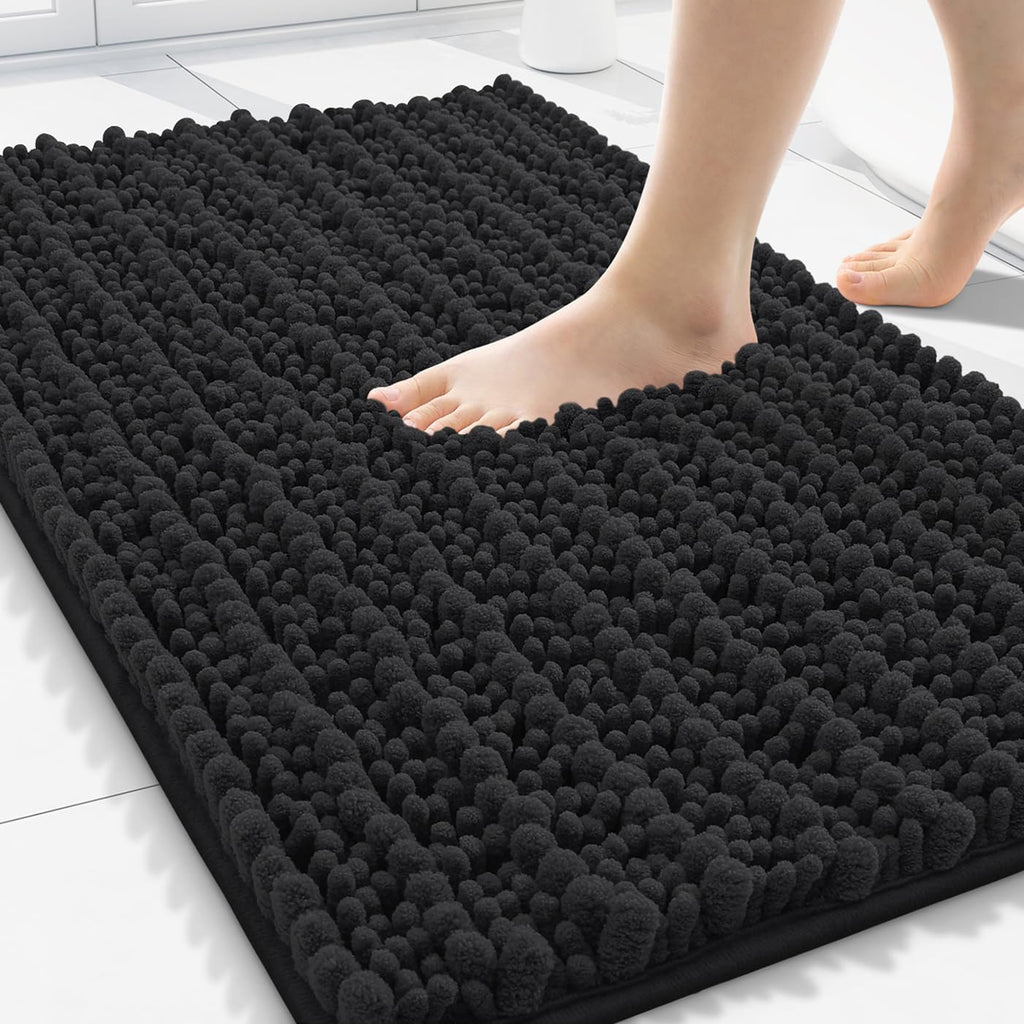 Smiry Bathroom Rugs - Extra Soft Absorbent Chenille Bath Mat | Non-Slip Rubber Backing, 30x20, Black