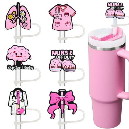 Amreich Pink Nurse Straw Toppers - Silicone Stanley Cup Accessories Essentials for Nursing Work, Cute Straw Cover Caps Gifts for Nurse Week Appreciate Practitione Graduate for Women