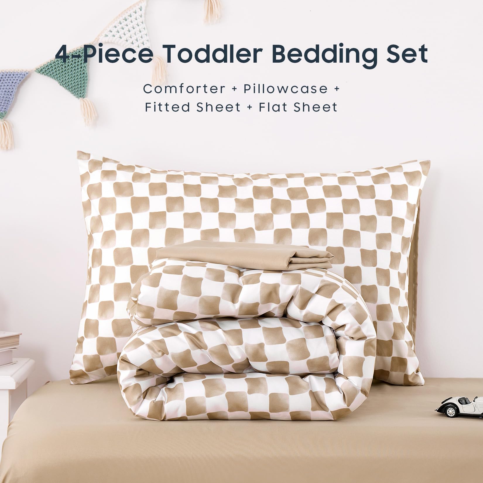 Wake In Cloud - Toddler Bedding Set for Boys Girls, Cute Gingham Grid Checkered, 4 Pieces Soft Crib Bed Set Including Comforter, Sheets and Pillowcase, Brown White