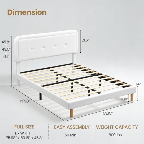 Cloud Bed Frame - Full Size Upholstered Headboard in White | Modern Soft Platform Bed with Easy Assembly