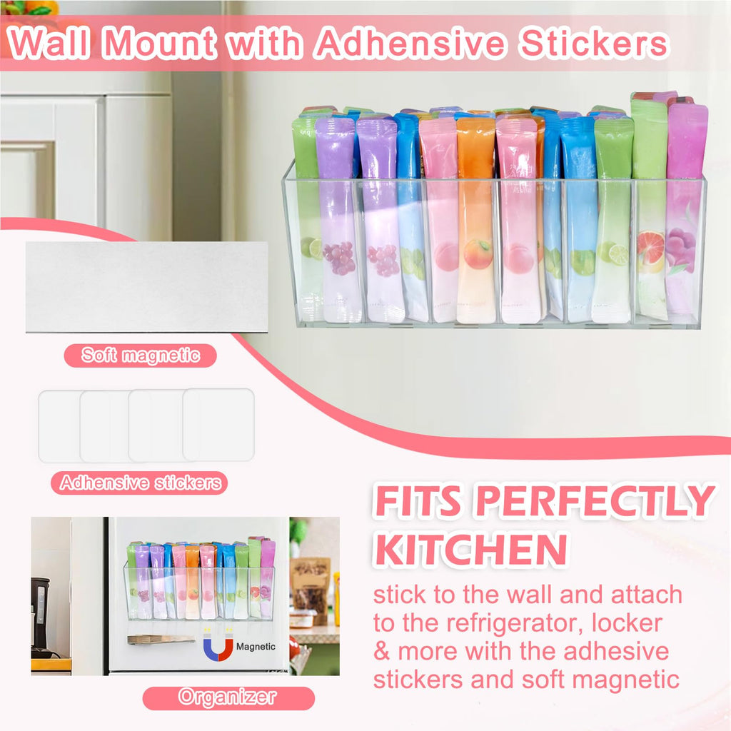Drink Packet Organizer with Removable Divider & 6 Compartment, Mounted Water Packet Organizer with Soft Magnetic and Adhesive Sticker, Water Flavor Packet Storage for Kitchen Pantry Cabinet Fridge