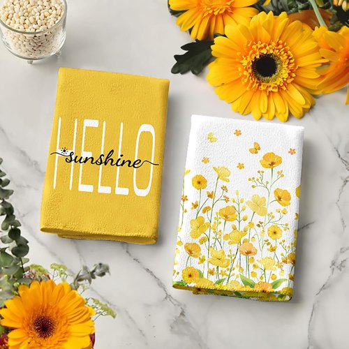 LIOQUN Yellow Flower Summer Hand Towel Set of 2, Hello Sunshine Hand Towels, 18x26 Inch, Daisy Flower Towel for Bathroom Home Kitchen, Soft Towel Spring Summer Holiday Decoration