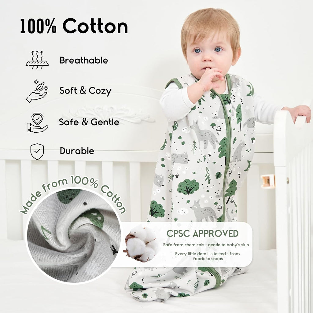 Yoofoss Baby Sleep Sack | 100% Organic Cotton 2-Pack | 6-12 Months, TOG 1.0, Lightweight & 2-Way Zipper